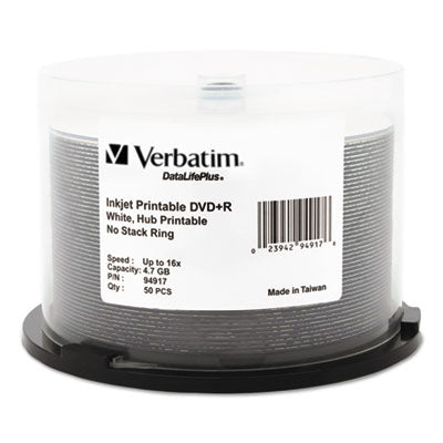 DVD+R Recordable Disc, 4.7 GB, 16x, Spindle, Hub Printable, White, 50/Pack - 94917