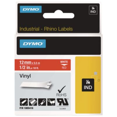 Rhino Permanent Vinyl Industrial Label Tape, 0.5" x 18 ft, Red/White Print - 1805416