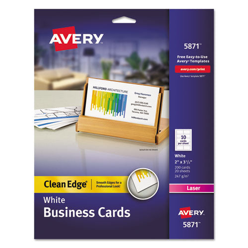 AVERY Clean Edge Business Cards, Laser, 2 x 3.5, White, 10 Cards/Sheet, 20 Sheets/Pack - 5871