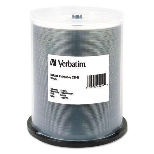 VERBATIM CD-R Printable Recordable Disc, 700 MB/80 Minute, 52x, Spindle, White, 100/Pack - 95251
