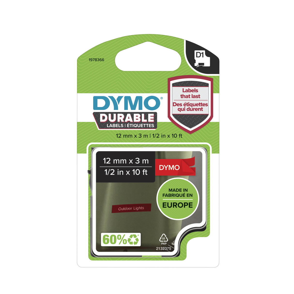 DYMO Authentic D1 Durable Labels | Black Print on Red Tape | 12 mm x 3 m | Labelling Tape for LabelManager Label Makers - 1978366
