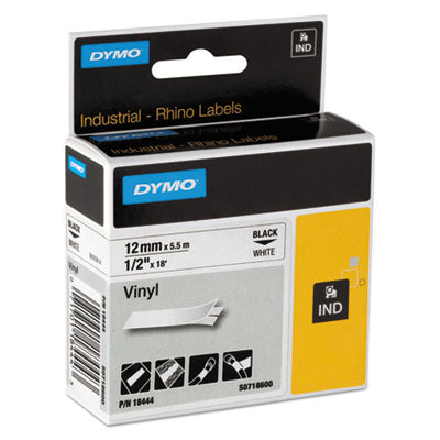 Rhino Permanent Vinyl Industrial Label Tape, 0.5" x 18 ft, White/Black Print - 18444 DYMO