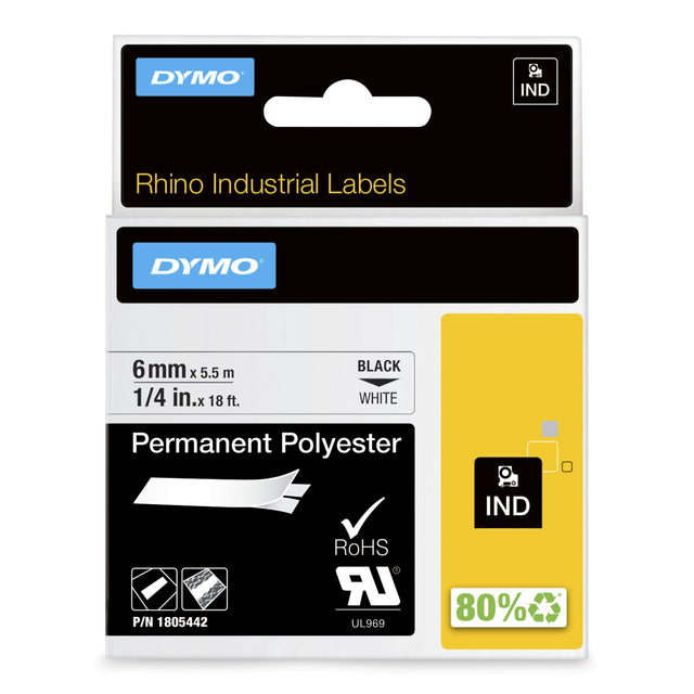 DYMO Rhino Industrial Permanent Polyester Labels | 6 mm x 5.5 m | Black Print on White | Self-Adhesive | for Rhino & LabelManager Label Makers - 1805442 DYMO