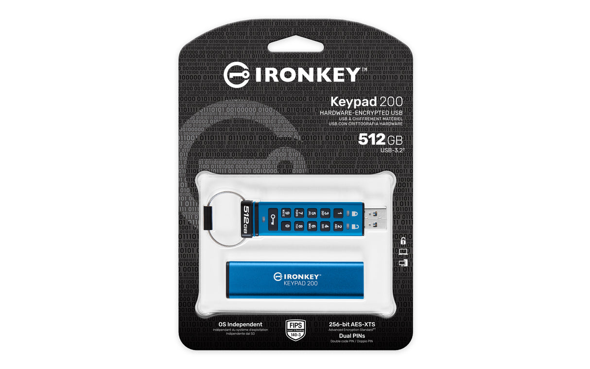 Kingston Technology IronKey 512GB Keypad 200, FIPS 140-3 Lvl 3 AES-256 Encrypted - IKKP200/512GB
