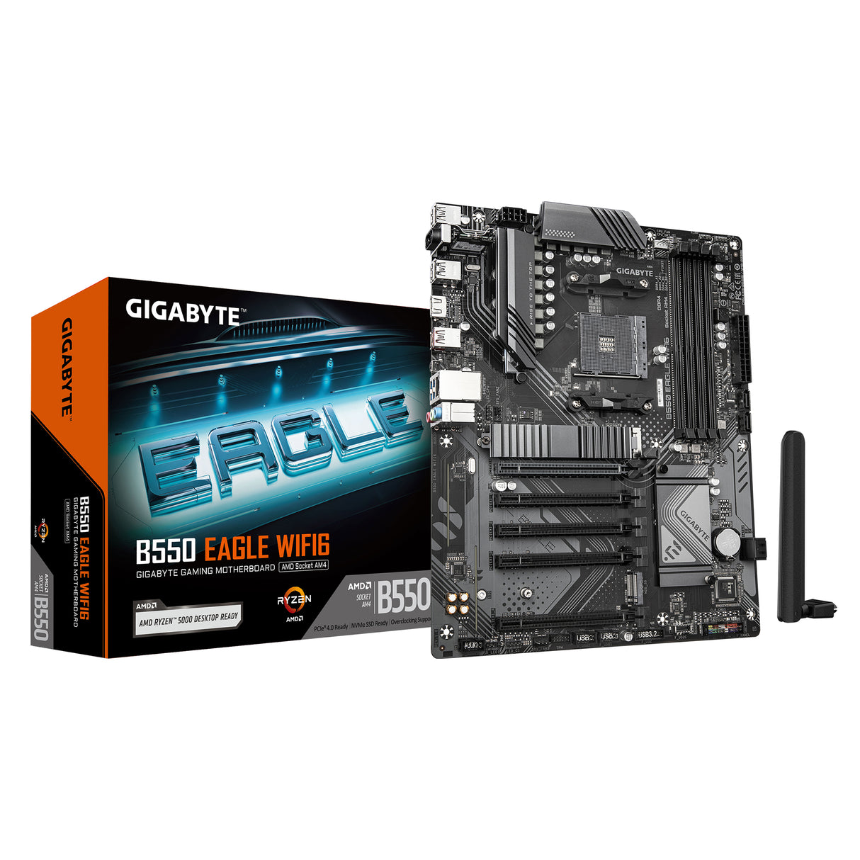 GIGABYTE B550 EAGLE WIFI6 Motherboard - AMD Ryzen 5000 G-Series CPUs, 10+3+1 Phases VRM, up to 3200MHz DDR4, 1xPCIe 4.0 + 1xPCIe 3.0 M.2, 1GbE LAN, WIFI 6, USB 3.2 Gen 2 - B550 EAGLE WIFI6