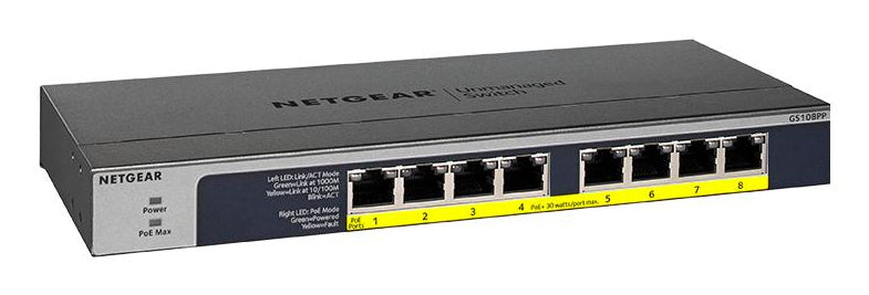 NETGEAR GS108PP Unmanaged Gigabit Ethernet (10/100/1000) Power over Ethernet (PoE) Black - GS108PP-100NAS