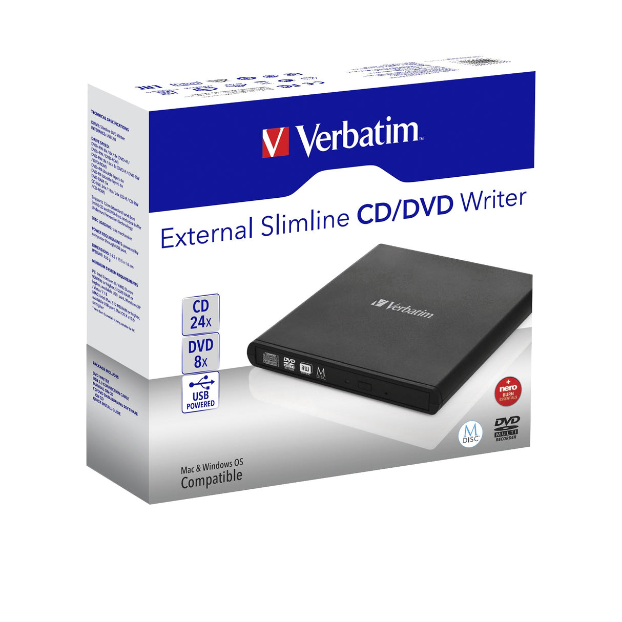 Verbatim Slimline CD/DVD optical disc drive DVD-RW Black - 98938