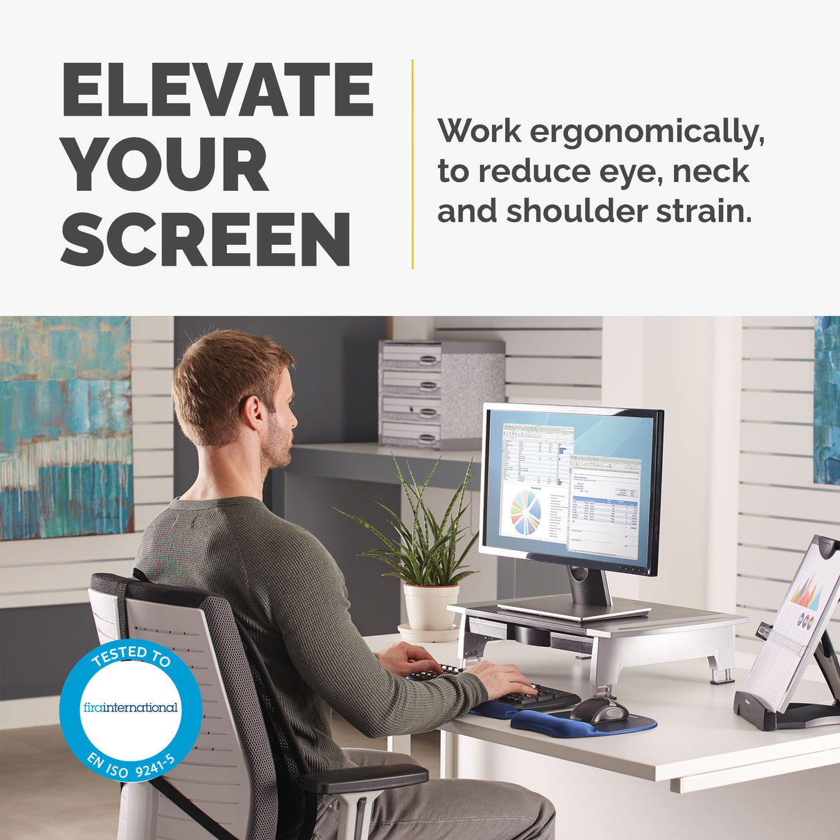 Fellowes Computer Monitor Stand with 5 Height Adjustments - Office Suites Monitor Riser with Storage Tray - Ergonomic Adjustable Monitor Stand for Computers - Max Weight 36KG/Max Size 28" - Graphite - 8031101