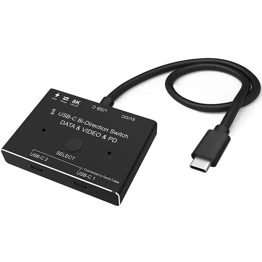 4XEM 4XEM USB-C Bi-Directional Switch with 100W Charge Capacity - 1 Pack - 1 x USB Type C - Male, Micro USB - 2 x USB Type C - Female - 7680 x 4320 Supported - Black
