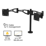 Fellowes Vista Dual Monitor Arm - Monitor Mount for 10KG 26 inch Screens - Ergonomic Adjustable Monitor Arm Desk Mount - Pan 180° Rotation 360°, VESA 75 x 75/100 x 100 - Black - 8041701