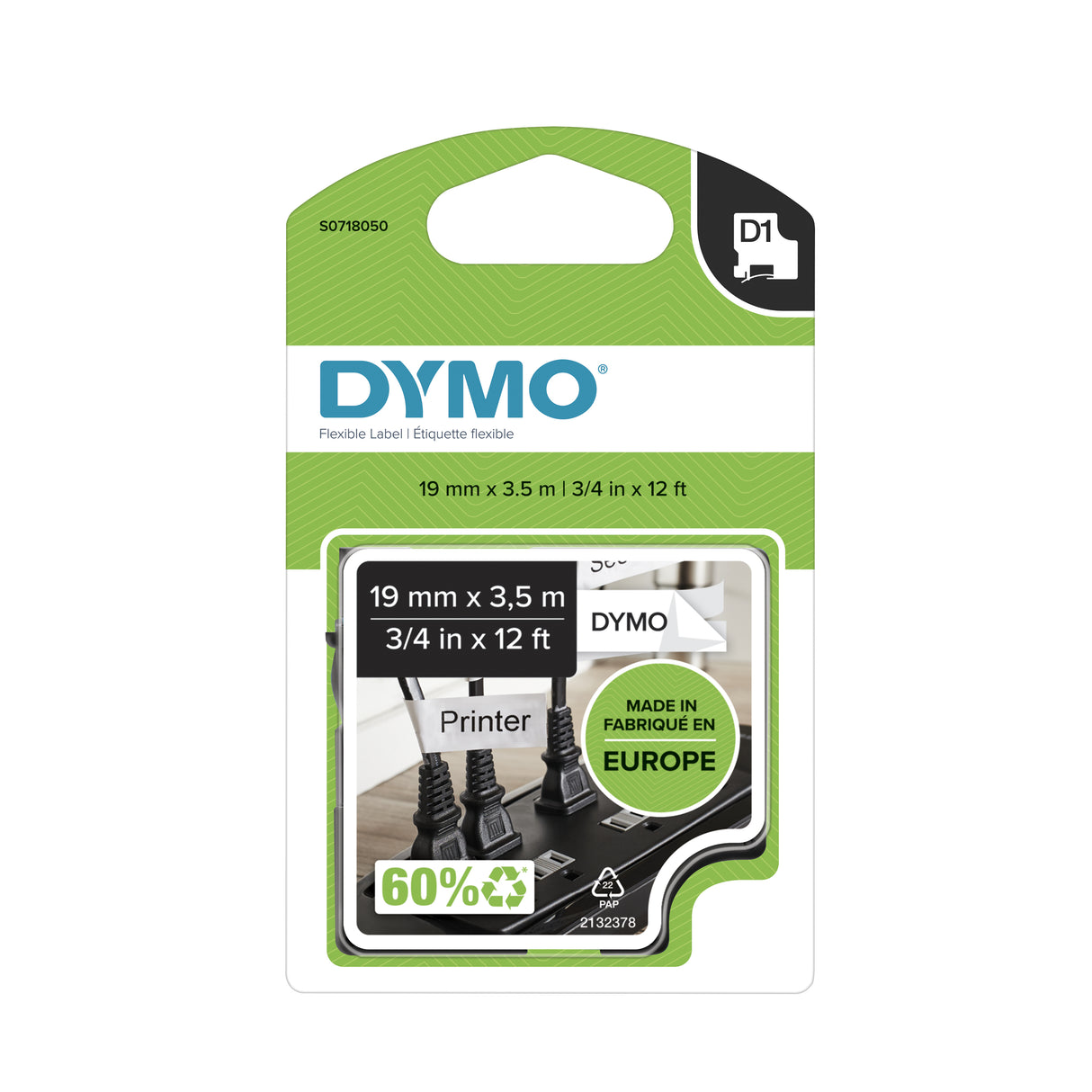 DYMO D1 High-Performance Flexible Nylon Labels | Authentic | 19 mm x 3.5 m Roll | Black Print on White | Self-Adhesive Labels for LabelManager Label Printers | Authentic - S0718040 DYMO