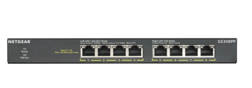 NETGEAR GS308PP Unmanaged Gigabit Ethernet (10/100/1000) Power over Ethernet (PoE) Black - GS308PP-100NAS