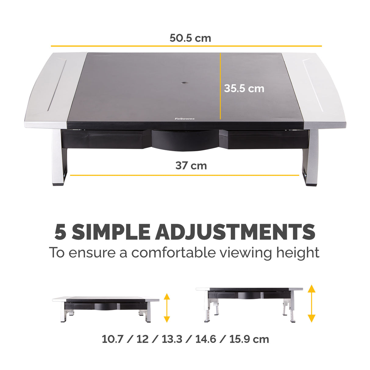 Fellowes Computer Monitor Stand with 5 Height Adjustments - Office Suites Monitor Riser with Storage Tray - Ergonomic Adjustable Monitor Stand for Computers - Max Weight 36KG/Max Size 28" - Graphite - 8031101