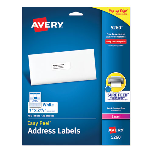 AVERY Easy Peel White Address Labels w/ Sure Feed Technology, Laser Printers, 1 x 2.63, White, 30/Sh - 5260