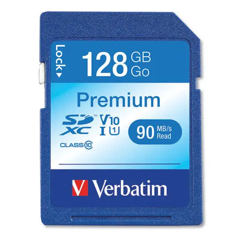 VERBATIM 128GB Premium SDXC Memory Card, UHS-I V10 U1 Class 10, Up to 90MB/s Read Speed - 44025 VERBATIM