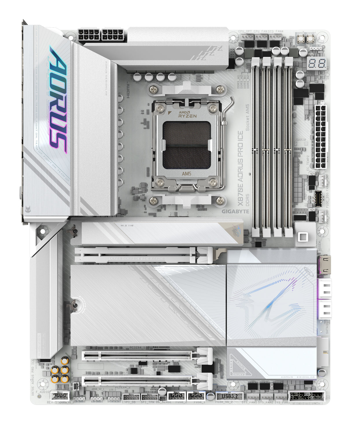 GIGABYTE X870E AORUS PRO ICE Motherboard - Supports AMD Ryzen 9000 CPUs, 16+2+2 Phases Digital VRM, up to 8000MHz DDR5 (OC), 3xPCIe 5.0 + 1xPCIe 4.0, Wi-Fi 7, 2.5GbE LAN, USB 4 - X870E AORUS PRO ICE