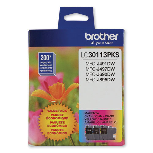 BROTHER LC3011 Ink, 200 Page-Yield, Cyan/Magenta/Yellow - LC30113PKS