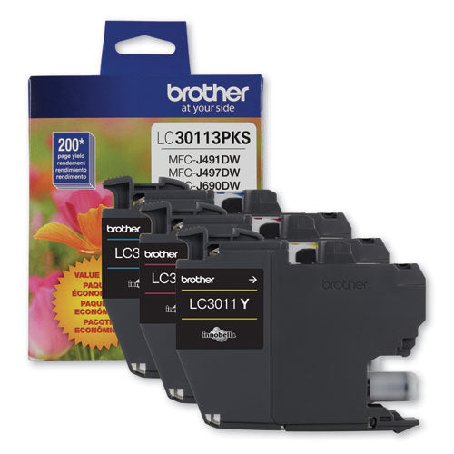 BROTHER LC3011 Ink, 200 Page-Yield, Cyan/Magenta/Yellow - LC30113PKS