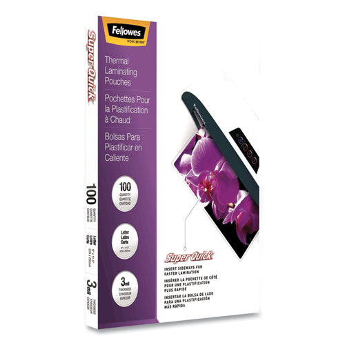 FELLOWES SuperQuick Thermal Laminating Pouches, 3 mil, 9" x 11.5", Gloss Clear, 100/Pack - 5245801
