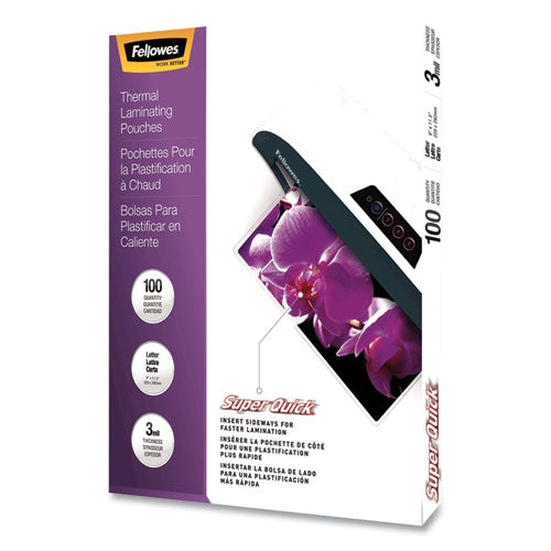 FELLOWES SuperQuick Thermal Laminating Pouches, 3 mil, 9" x 11.5", Gloss Clear, 100/Pack - 5245801