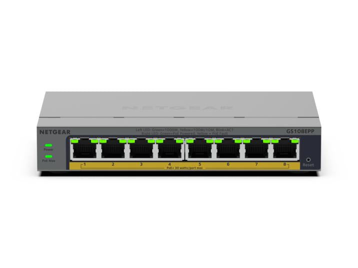 NETGEAR GS108EPP Unmanaged Gigabit Ethernet (10/100/1000) Power over Ethernet (PoE) Desktop/Wall-Mounting Grey - GS108EPP-100NAS