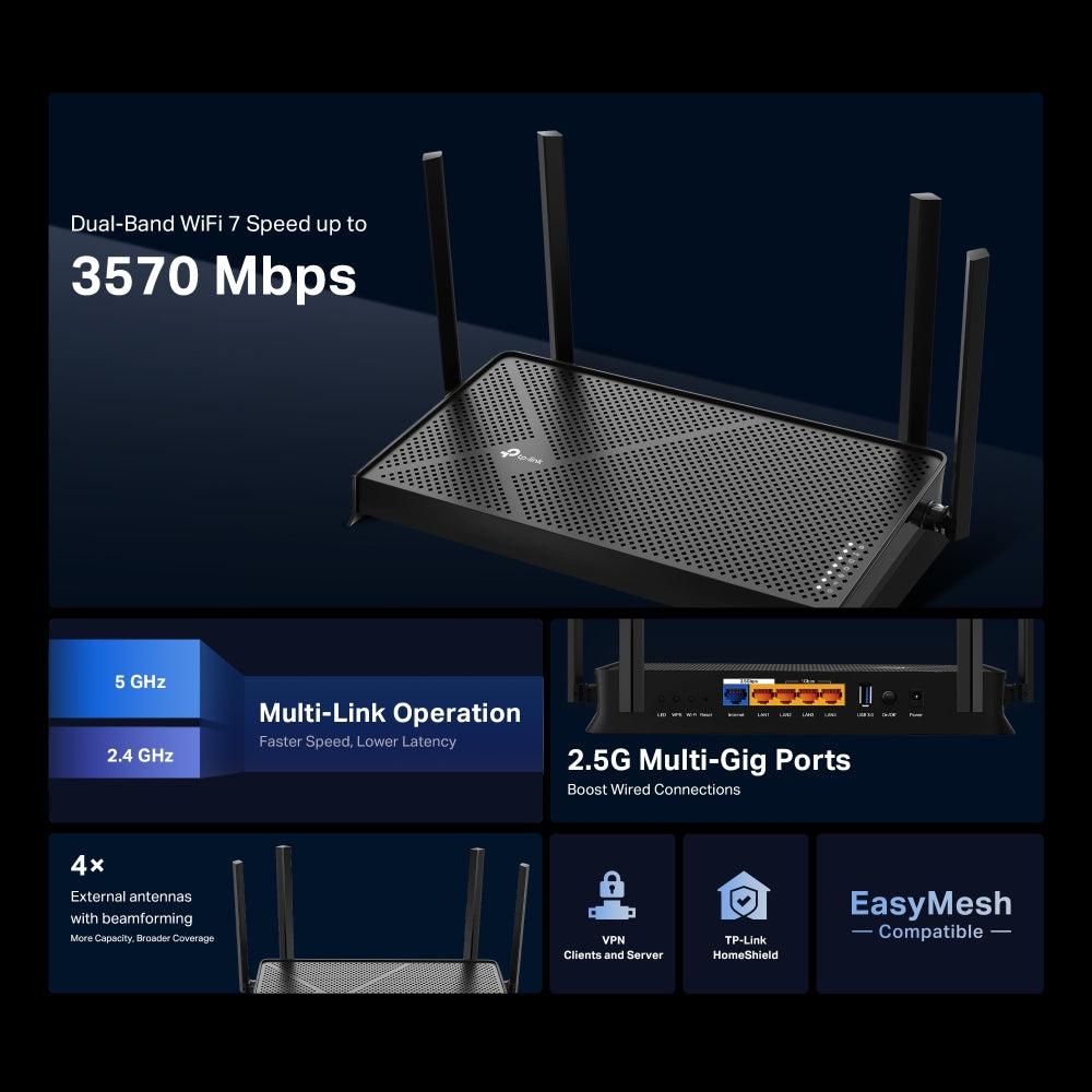 TP-Link Archer BE230 wireless router 2.5 Gigabit Ethernet Dual-band (2.4 GHz / 5 GHz) Black - ARCHER BE230