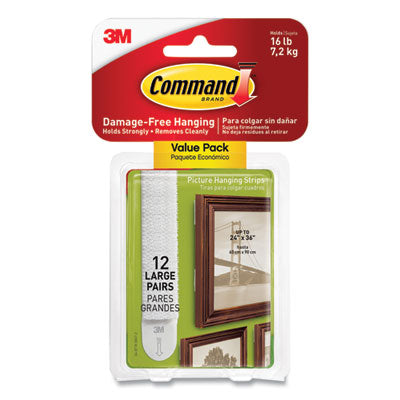 Damage-Free Hanging Picture Hanging Strip Pairs, Holds Up to 3.75 lb, Large: 0.75" x 3.65", White, 12/Pack - 17206-12ES 3M