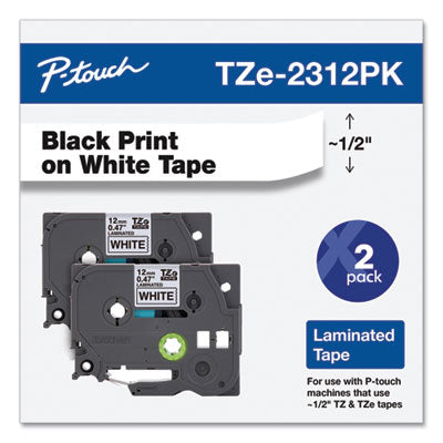 TZe Standard Adhesive Laminated Labeling Tapes, 0.47" x 26.2 ft, Black on White, 2/Pack - TZE2312PKG