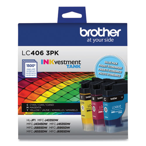 BROTHER LC4063PK INKvestment Ink, 1,500 Page-Yield, Cyan/Magenta/Yellow, 3 Pack - LC4063PKS