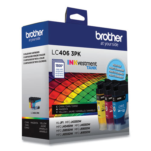 BROTHER LC4063PK INKvestment Ink, 1,500 Page-Yield, Cyan/Magenta/Yellow, 3 Pack - LC4063PKS