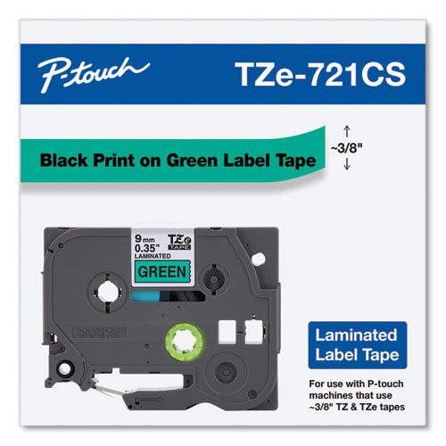 BROTHER TZe Laminated Removable Label Tapes, 0.35" x 26.2 ft, Black on Green - TZE721CS