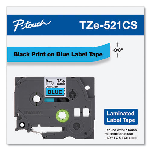 BROTHER TZe Laminated Removable Label Tapes, 0.35" x 26.2 ft, Black on Blue - TZE521CS