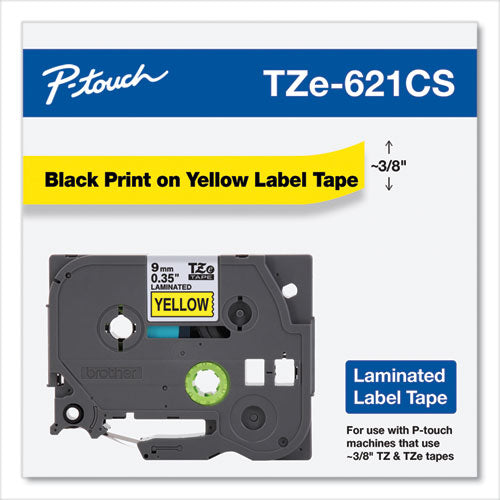 BROTHER TZe Laminated Removable Label Tapes, 0.35" x 26.2 ft, Black on Yellow - TZE621CS