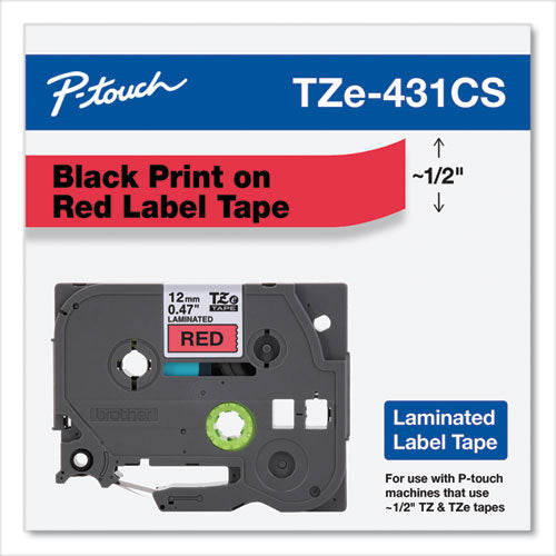 BROTHER TZe Laminated Removable Label Tapes, 0.47" x 26.2 ft, Black on Red - TZE431CS