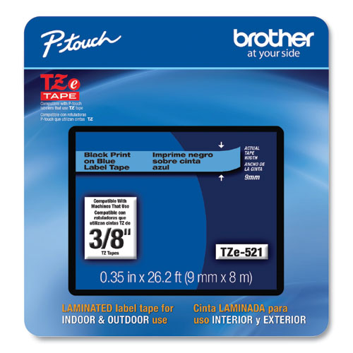 BROTHER TZe Laminated Removable Label Tapes, 0.35" x 26.2 ft, Black on Blue - TZE521CS