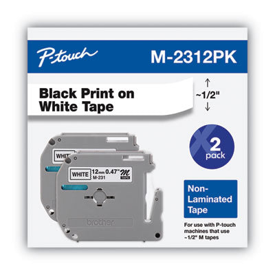 M Series Tape Cartridges for P-Touch Labelers, 0.47" x 26.2 ft, Black on White, 2/Pack - M2312PK
