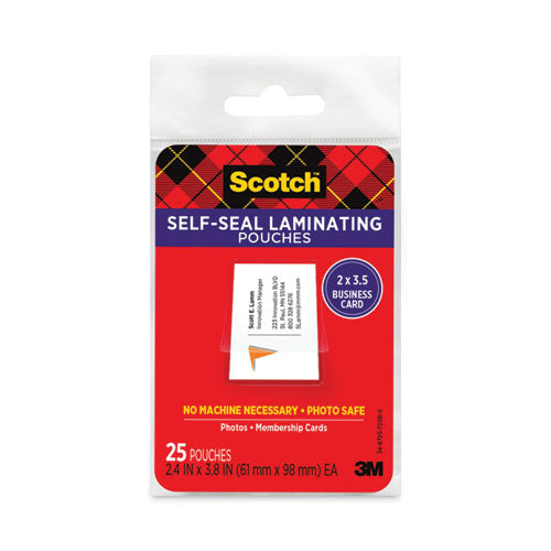 3M Self-Sealing Laminating Pouches, 9.5 mil, 3.88" x 2.44", Gloss Clear, 25/Pack - LS851G