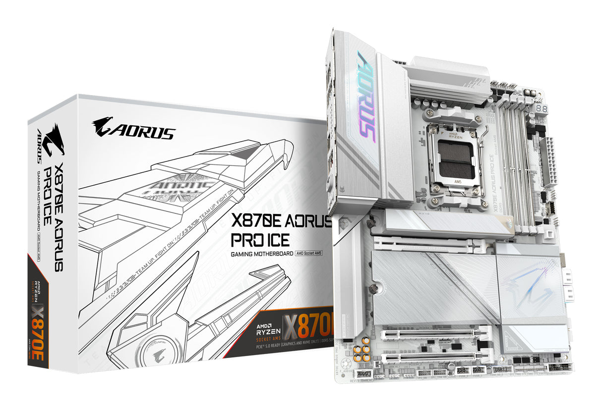 GIGABYTE X870E AORUS PRO ICE Motherboard - Supports AMD Ryzen 9000 CPUs, 16+2+2 Phases Digital VRM, up to 8000MHz DDR5 (OC), 3xPCIe 5.0 + 1xPCIe 4.0, Wi-Fi 7, 2.5GbE LAN, USB 4 - X870E AORUS PRO ICE