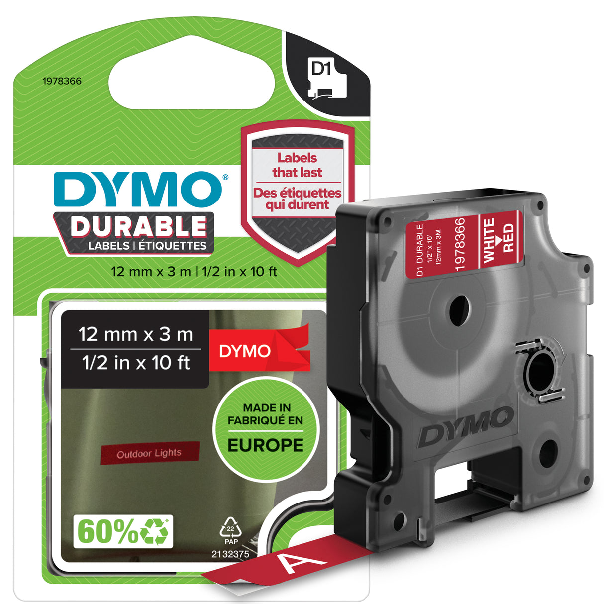 DYMO Authentic D1 Durable Labels | Black Print on Red Tape | 12 mm x 3 m | Labelling Tape for LabelManager Label Makers - 1978366 DYMO