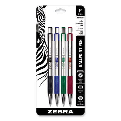 F-301 Ballpoint Pen, Retractable, Fine 0.7 mm, Assorted Ink and Barrel Colors, 4/Pack - 27174 C2G