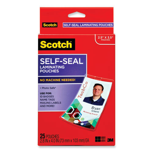 3M Self-Sealing Laminating Pouches, 12.5 mil, 2.31" x 4.06", Gloss Clear, 25/Pack - LS852G