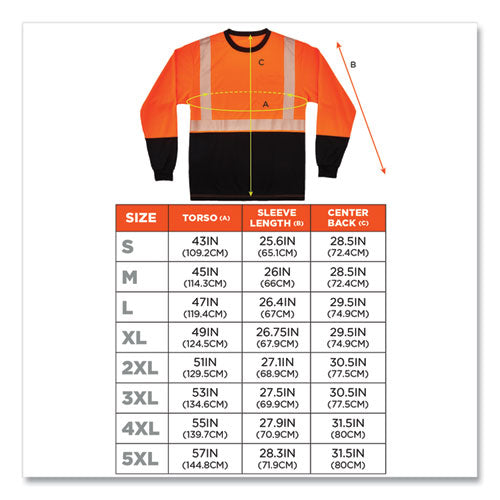C2G GloWear 8281BK Class 2 Long Sleeve Shirt with Black Bottom, Polyester, 5X-Large, Orange - 22689