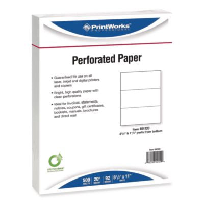 Perforated Paper, 3.66" and 7.33" from Bottom, 92 Bright, 20 lb Bond Weight, 8.5 x 11, White, 500/Ream, 5 Reams/Carton - 04120 C2G