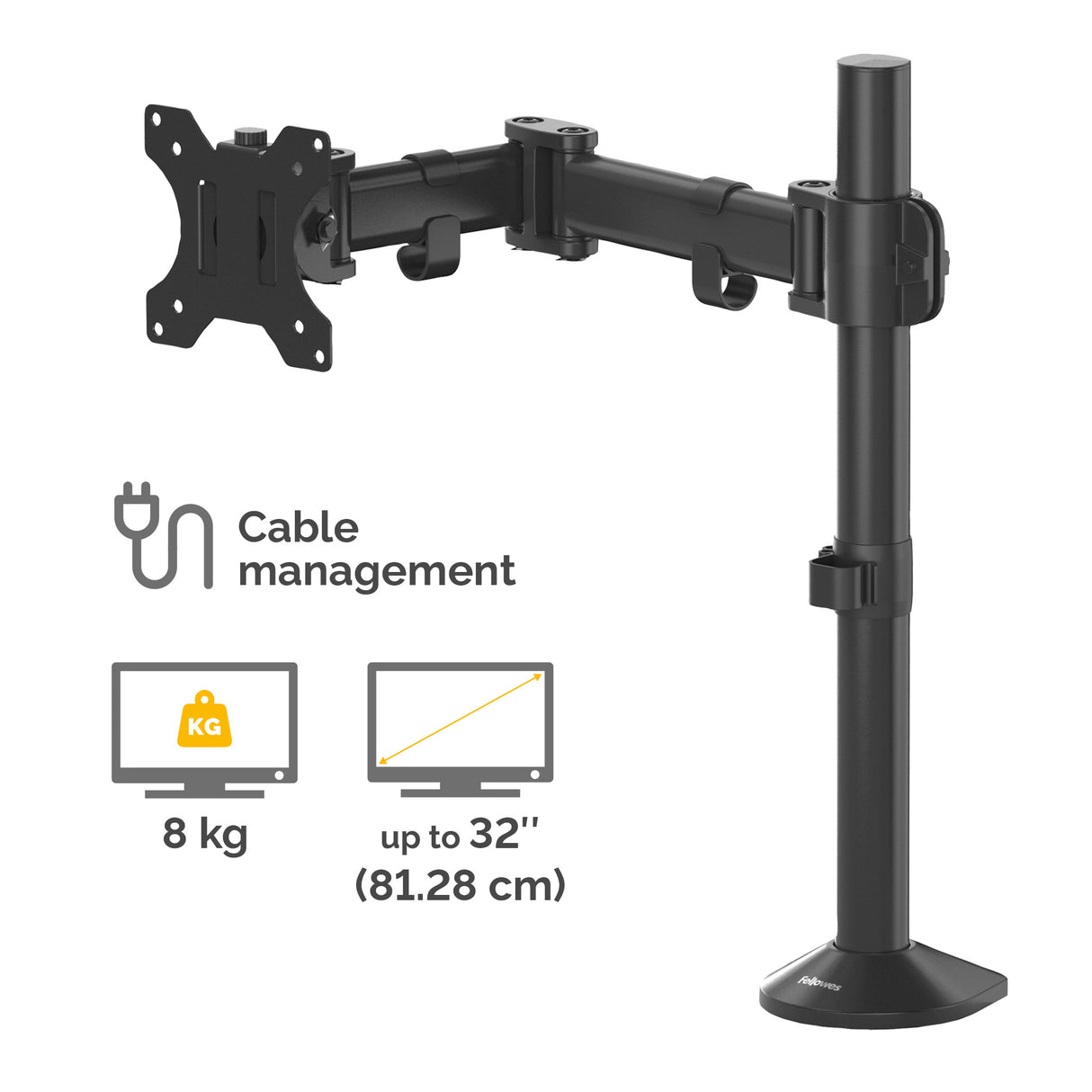 Fellowes Reflex Monitor Arm - Monitor Mount for 8KG 32 Inch Screens - Adjustable Monitor Desk Mount - Tilt 45° Pan 180° Rotation 360°, VESA 75 x 75/100 x 100 - Black - 8502501