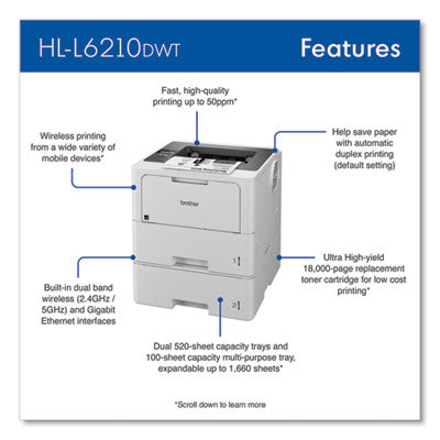 HL-L6210DWT Wireless Business Monochrome Laser Printer with Dual Paper Trays - HLL6210DWT