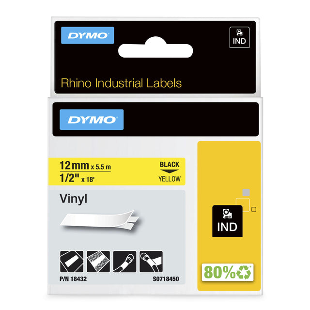 DYMO Rhino Industrial Vinyl Labels | 12 mm x 5.5 m | Black Print on Yellow | Self-Adhesive | for Rhino & LabelManager Label Makers - 18432 DYMO