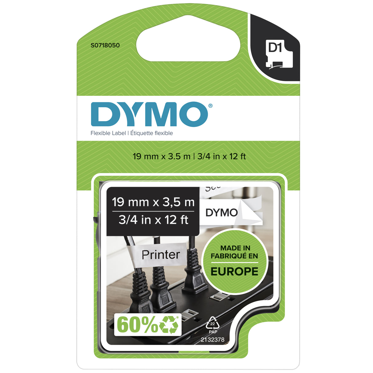 DYMO D1 High-Performance Flexible Nylon Labels | Authentic | 19 mm x 3.5 m Roll | Black Print on White | Self-Adhesive Labels for LabelManager Label Printers | Authentic - S0718040 DYMO