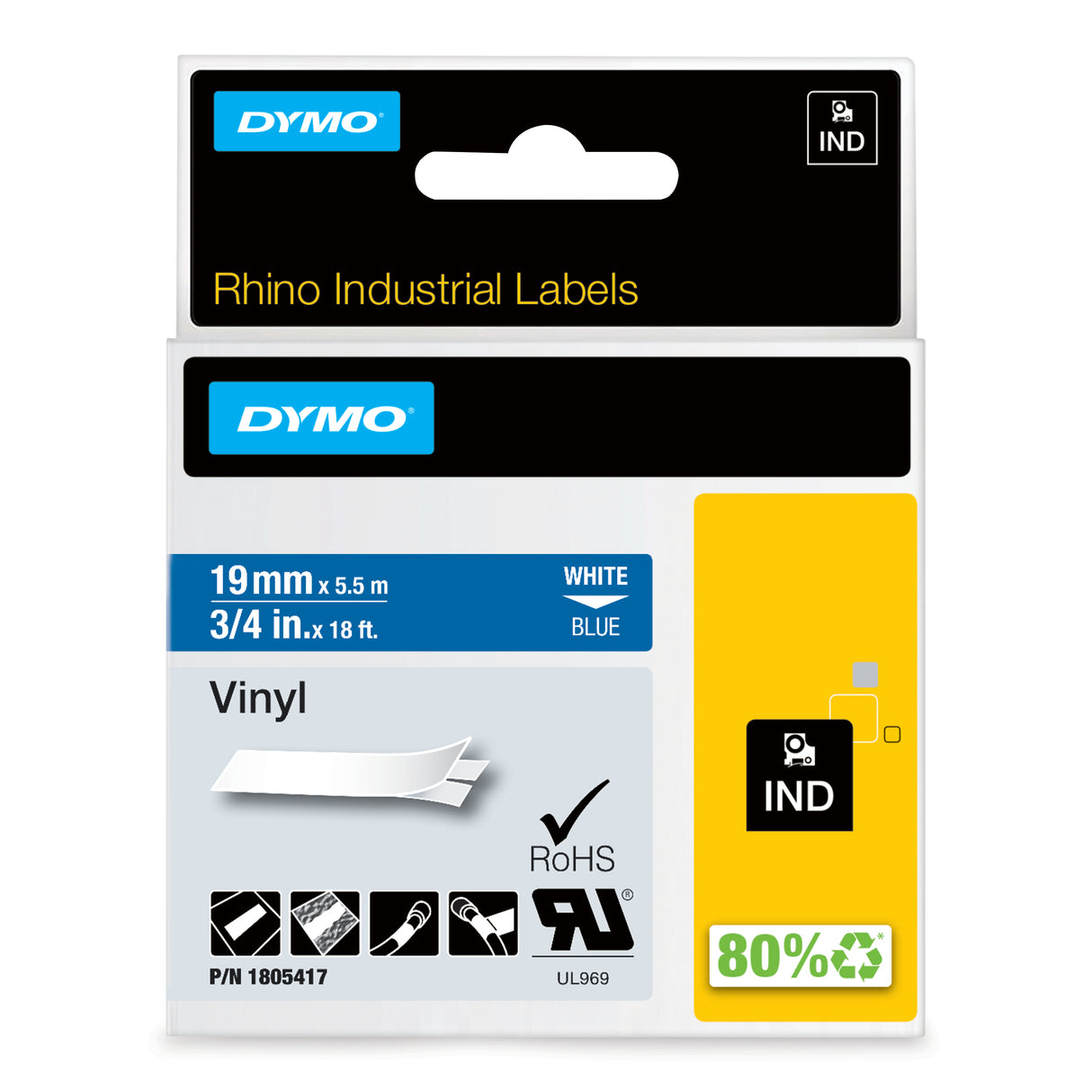 DYMO Rhino Industrial Vinyl Labels | 19 mm x 5.5 m | White Print on Blue | Self-Adhesive | for LabelManager & Rhino Label Makers - 1805417 DYMO