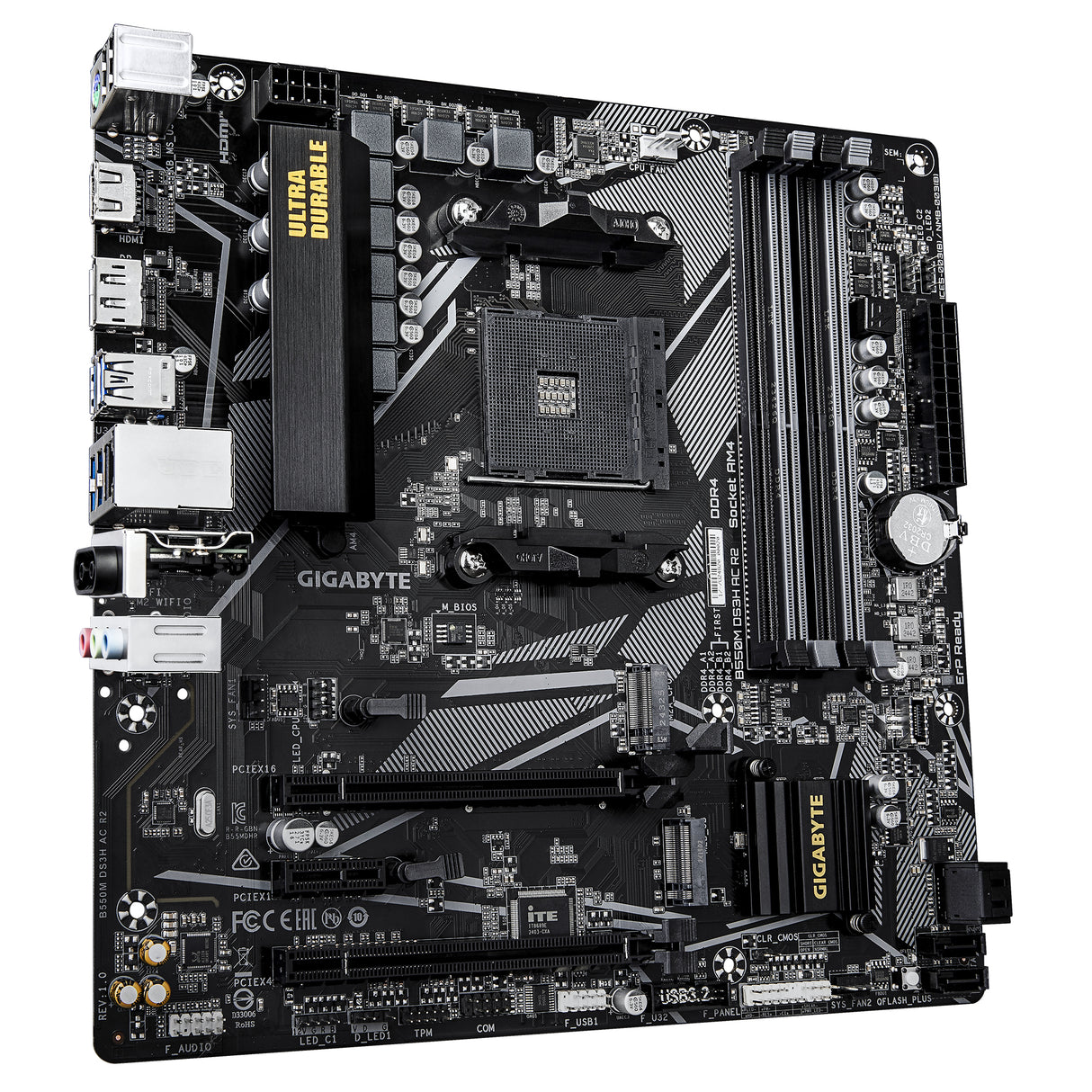 GIGABYTE B550M DS3H AC R2 Motherboard - AMD Ryzen 5000 CPUs, 5+3 Phases VRM, up to 4733MHz DDR4 (O.C.), 1xPCIe 4.0 + 1xPCIe 3.0 M.2, Wi-Fi 5, 1GbE LAN, USB 3.2 Gen 1 - B550M DS3H AC R2