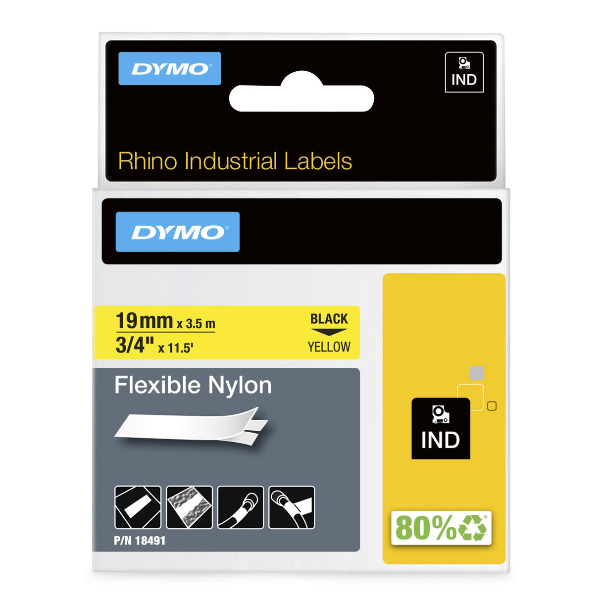 DYMO Rhino Industrial Flexible Nylon Labels | 19 mm x 3.5 m | Black Print on Yellow | Self-Adhesive | for Rhino & LabelManager Label Makers - 18491 DYMO